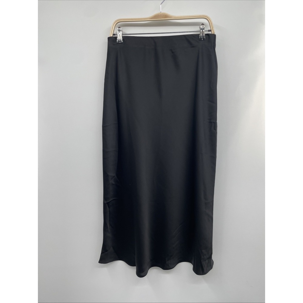 Vivid Maxi Skirt Women's Large Black Satin Elastic Waist Bias Cut Minimalist NWT